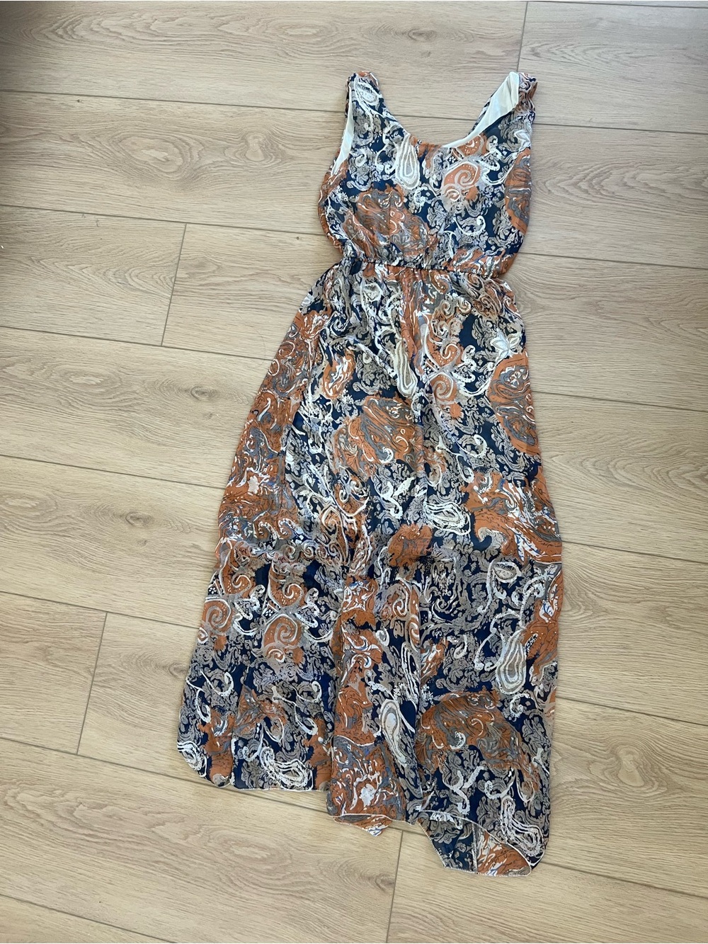 Sleeveless Paisley Maxi Dress in Navy, Rust, and Cream